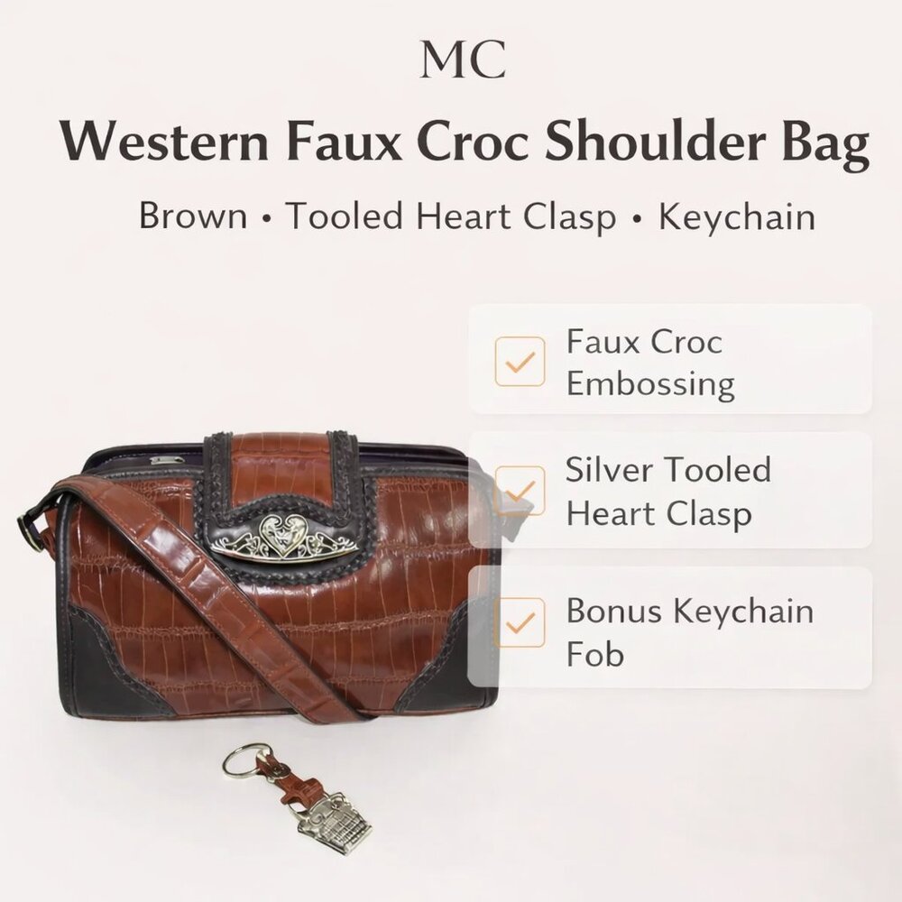 MC Brown Faux Croc Western Shoulder Bag Tooled Heart Clasp Key Fob